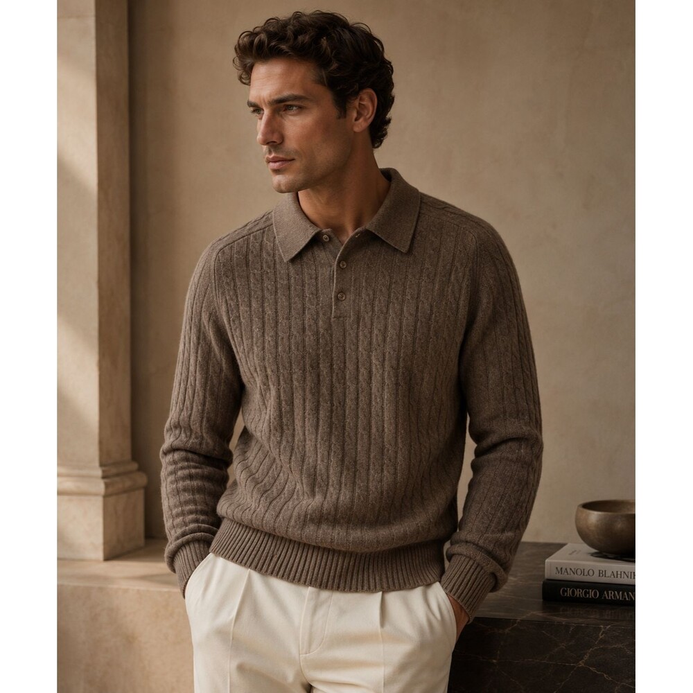 Davis & Squire 100% Cashmere Cable Knit Polo Sweater Men's M Brown Luxury Soft